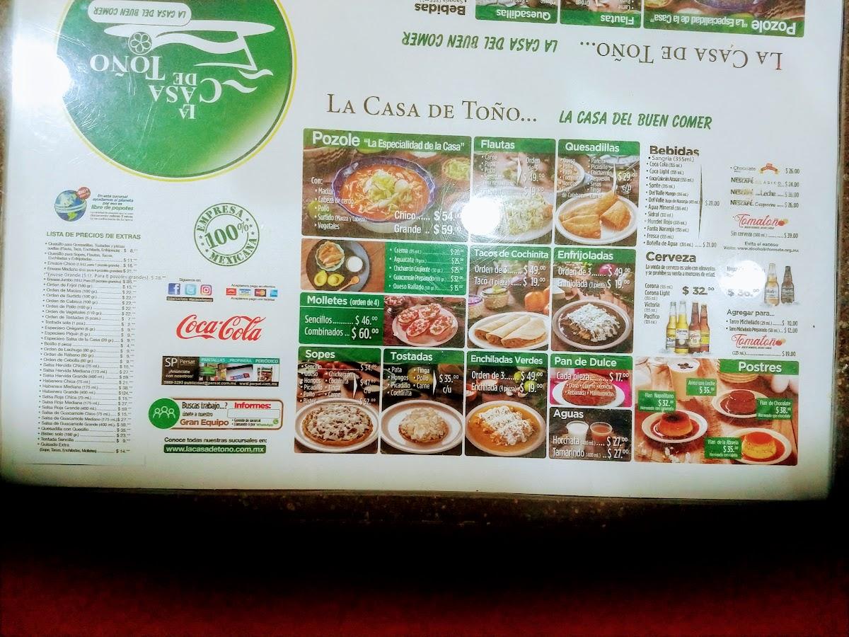 Carta del restaurante La Casa del Toño, Ciudad del México, Av
