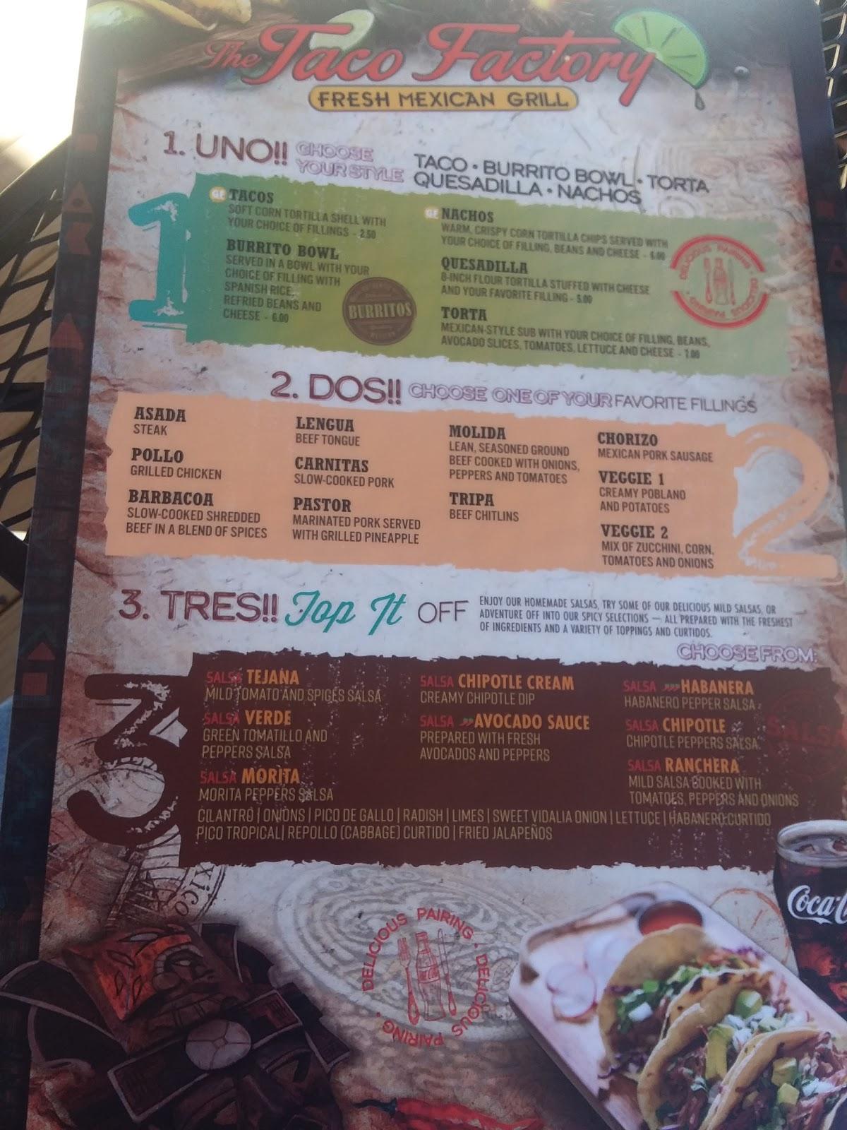 Menu at The Taco Factory restaurant, Rockingham