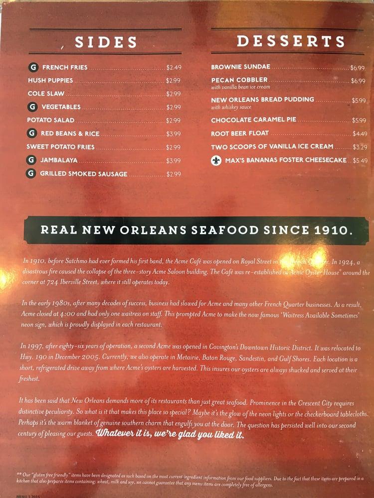 Menu at Acme Oyster House restaurant, Gulf Shores