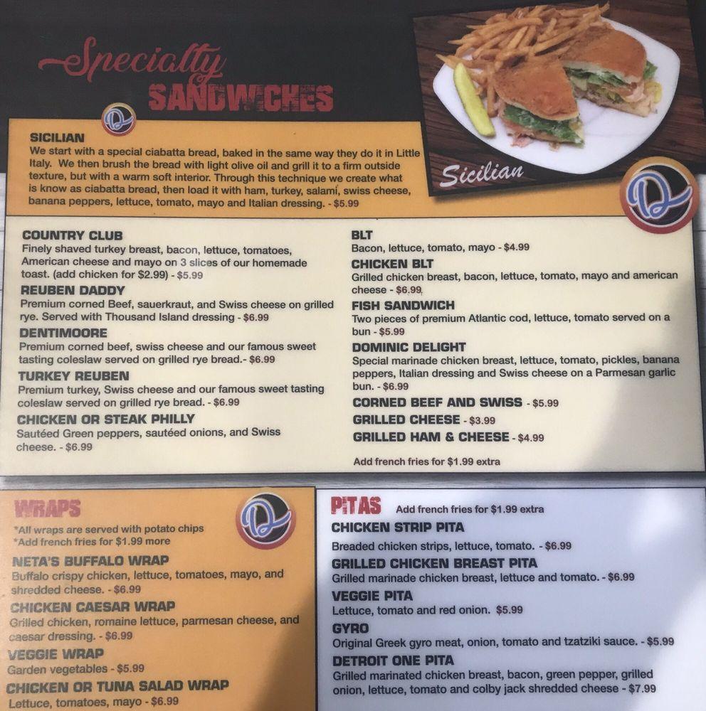 Menu at Dom's Diner restaurant, Flint