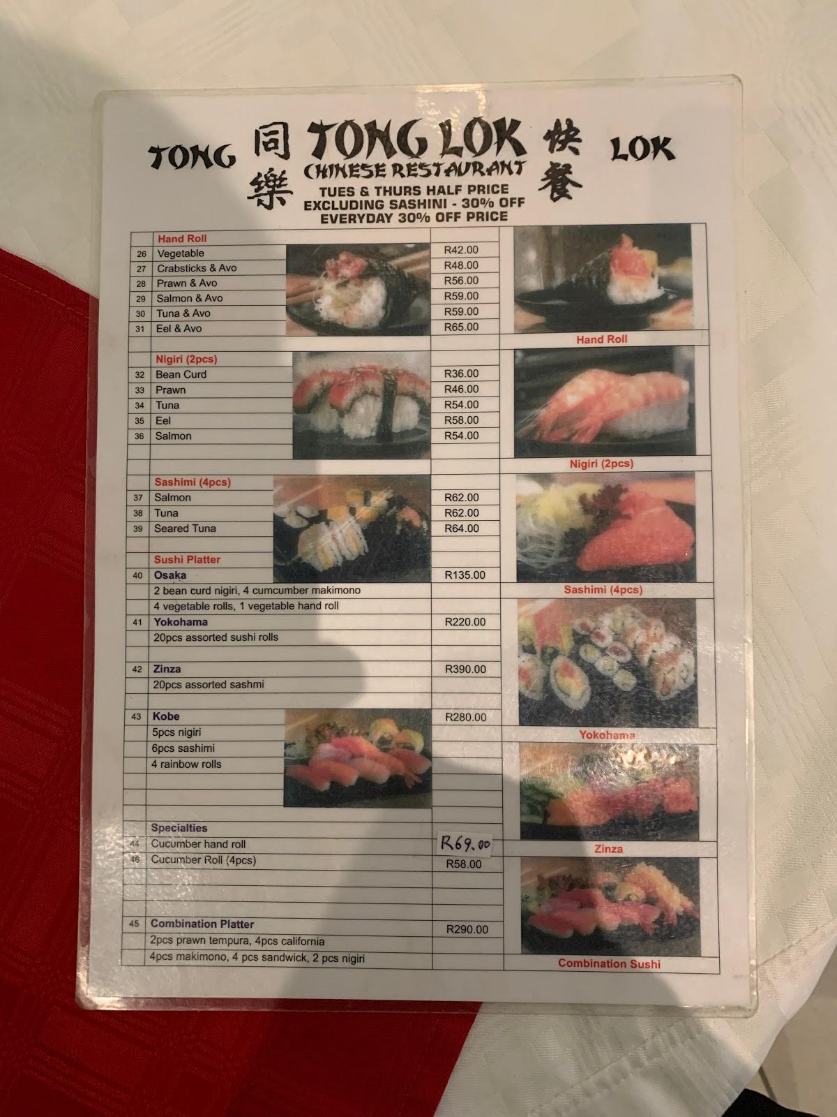 Menu at Tong Lok Chinese Restaurant, Durban