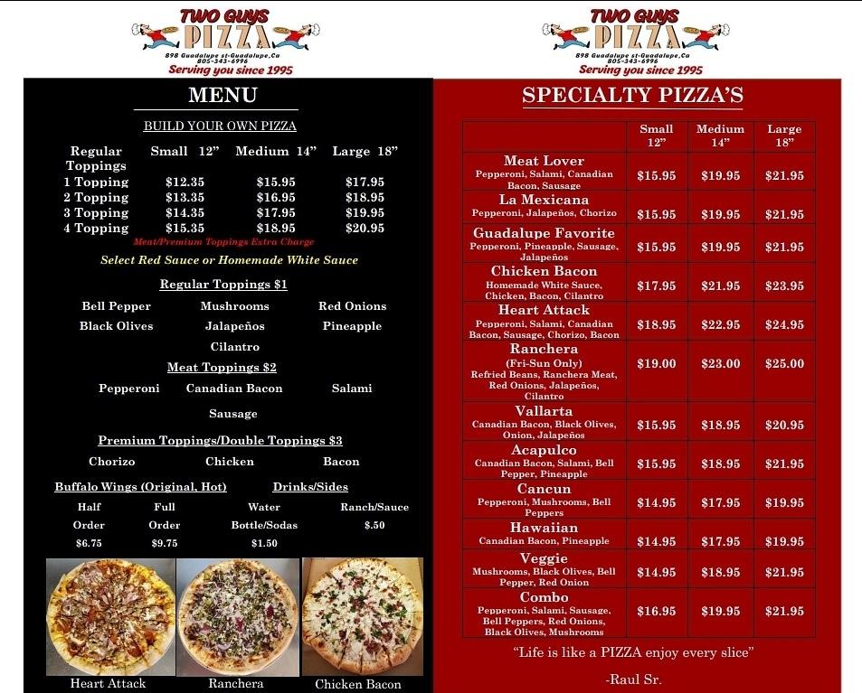 Menu at Two Guy's Pizza pizzeria, Guadalupe