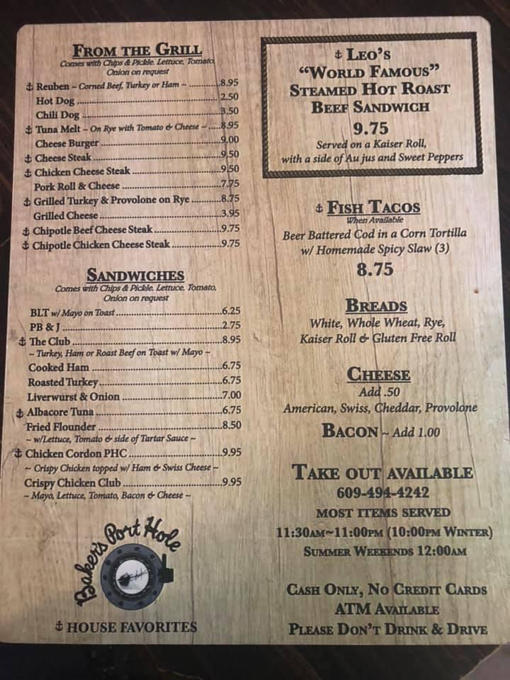 Menu at Baker's Port Hole Bar, Restaurant & Liquor Store, Ship Bottom