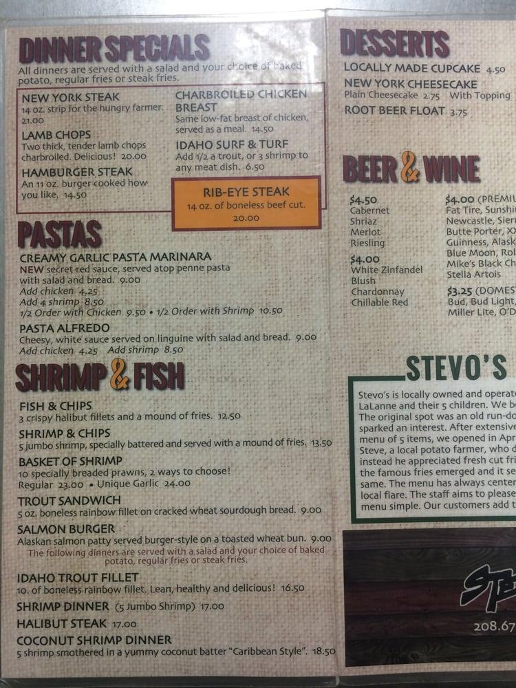 Menu at Stevo's restaurant, Heyburn, 290 S 600 W