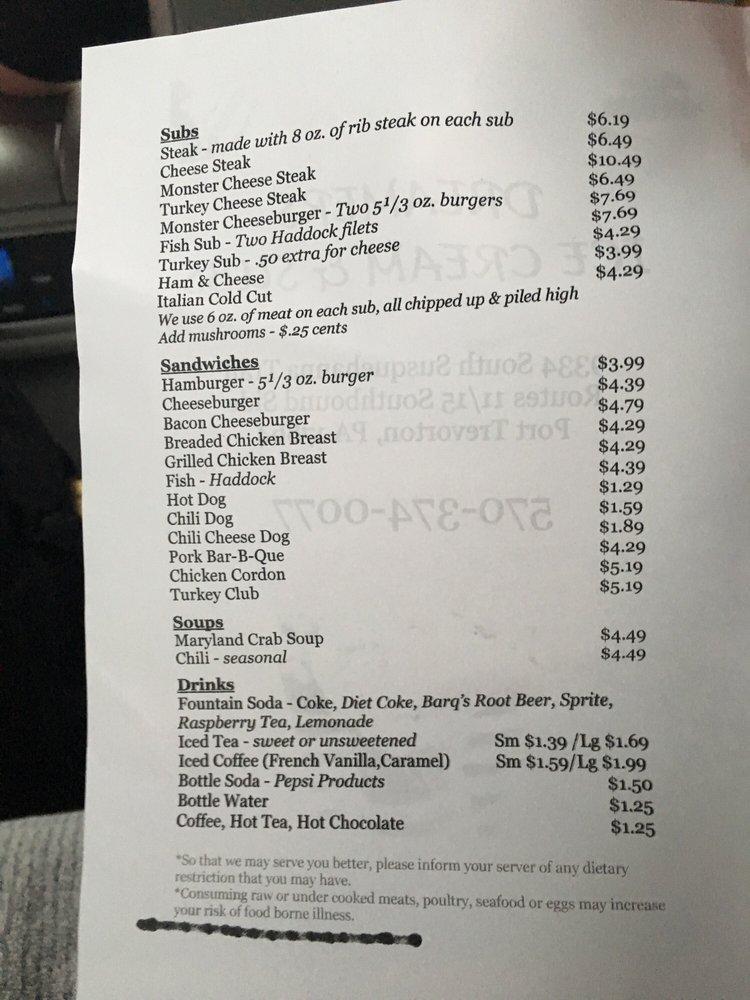 Menu at Dreamers Ice Cream & Subs fast food, Port Trevorton