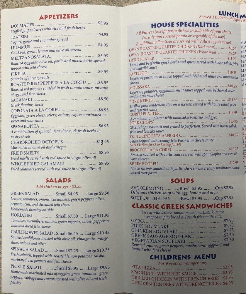 Menu at Corfu Greek Restaurant, Winter Springs