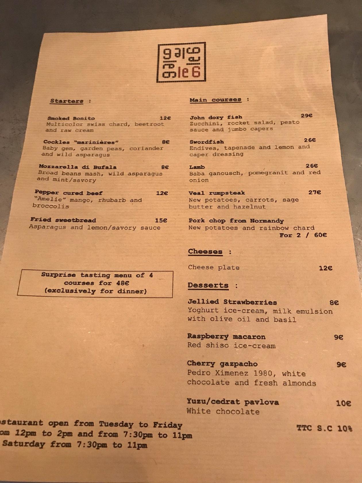 Menu at Le 6 Paul Bert pub & bar, Paris