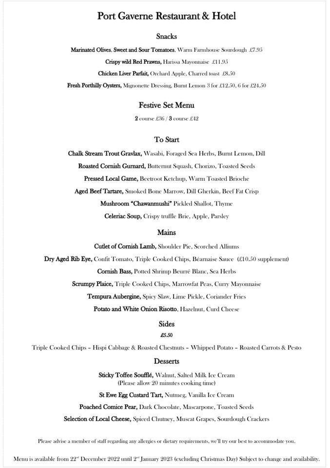 Menu at Port Gaverne Restaurant & Hotel, Port Isaac