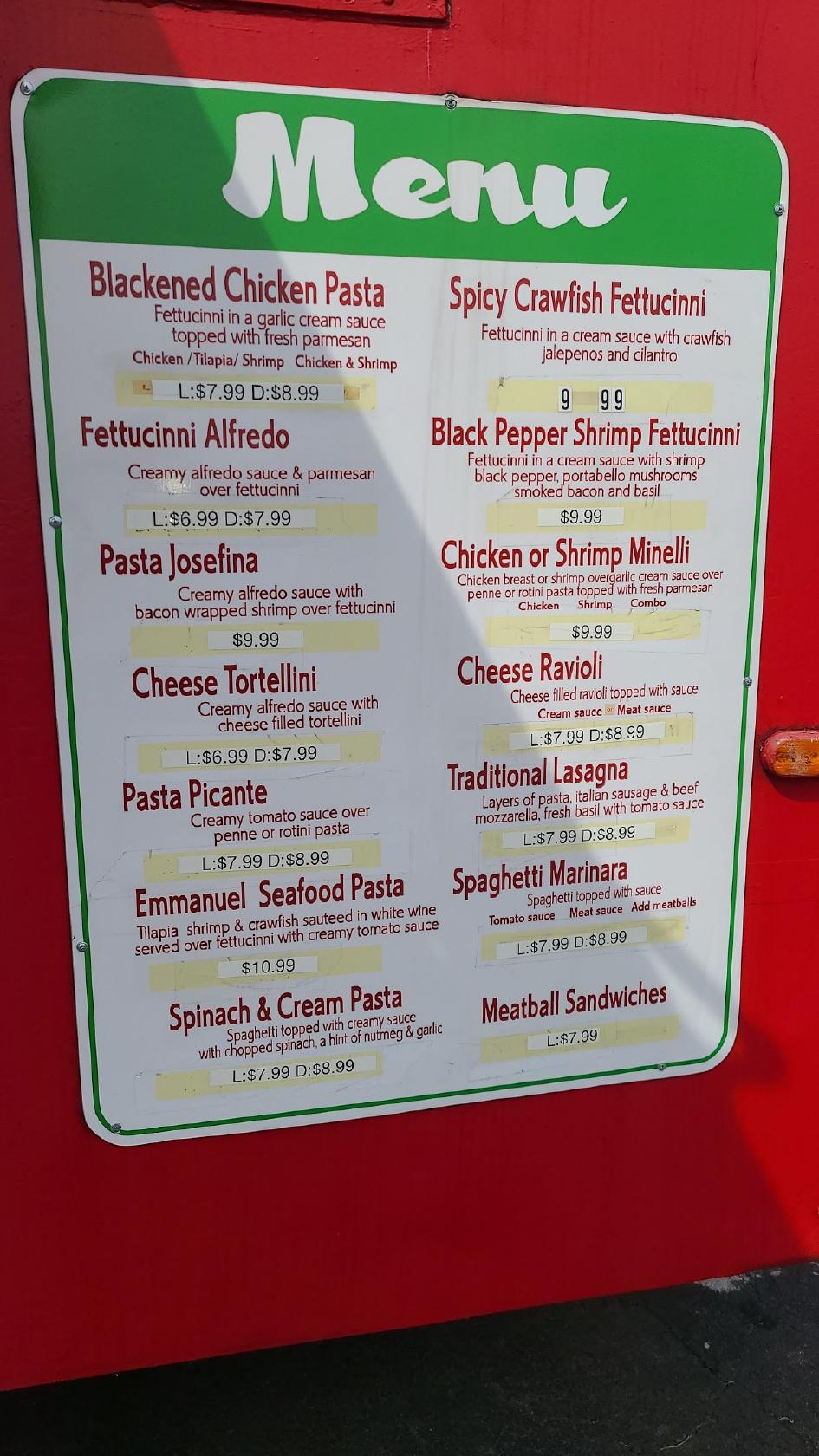 Menu at The Pasta House Food Truck restaurant, Conway, 1660 Dave Ward Dr