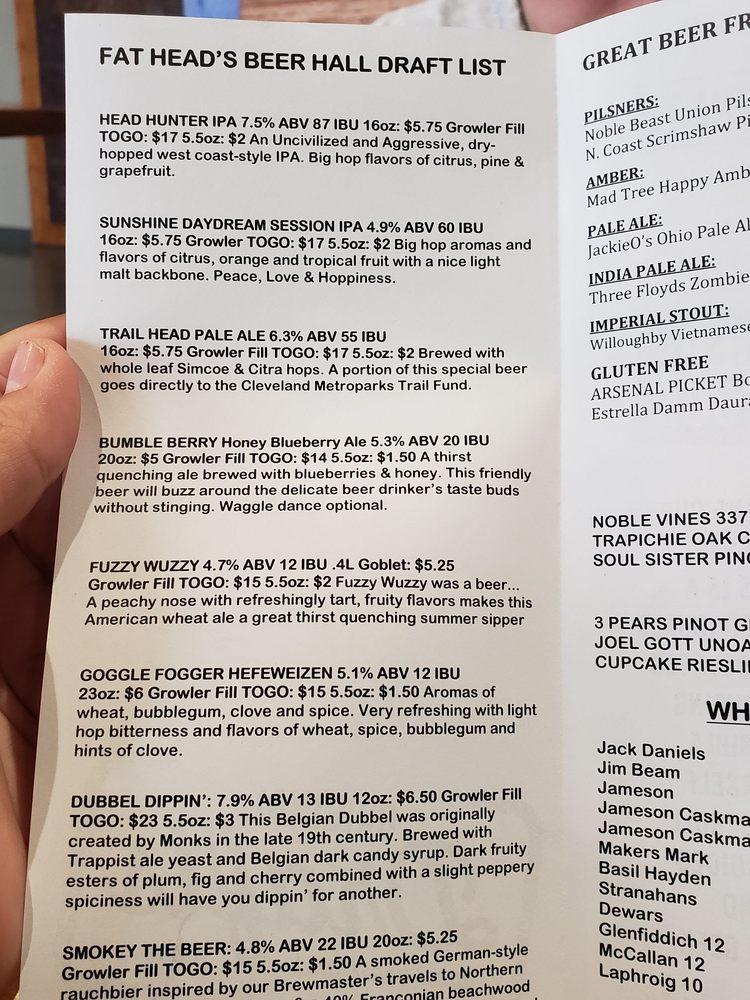 Menu at Fat Head's Brewery restaurant, Middleburg Heights