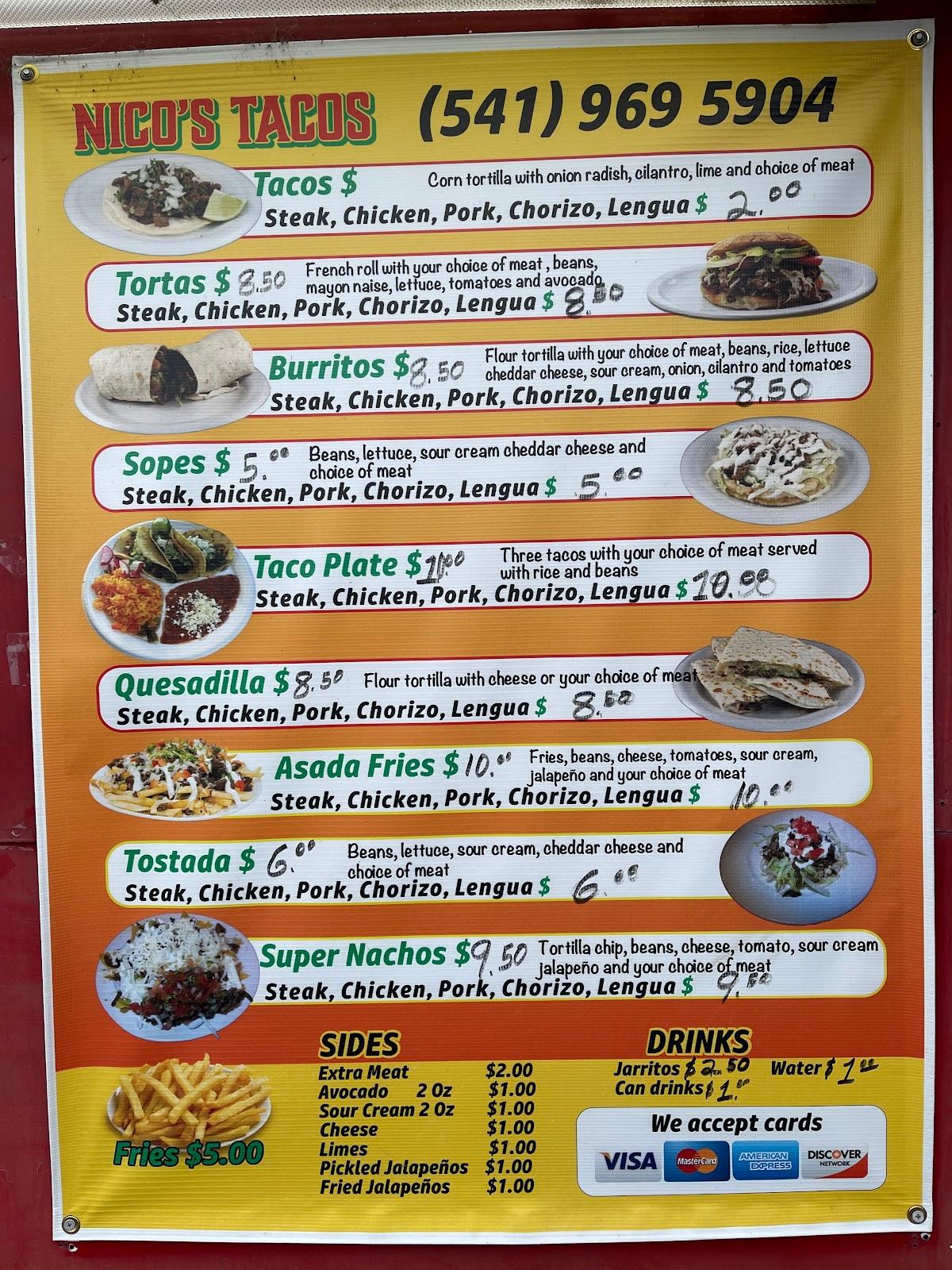 Menu at Nico's Tacos restaurant, Pendleton