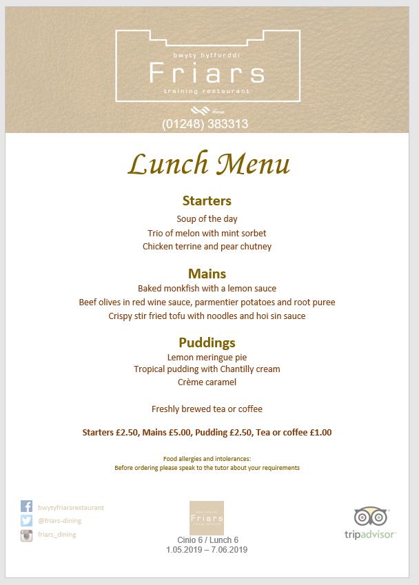 Menu at Bwyty Friars Restaurant, Bangor