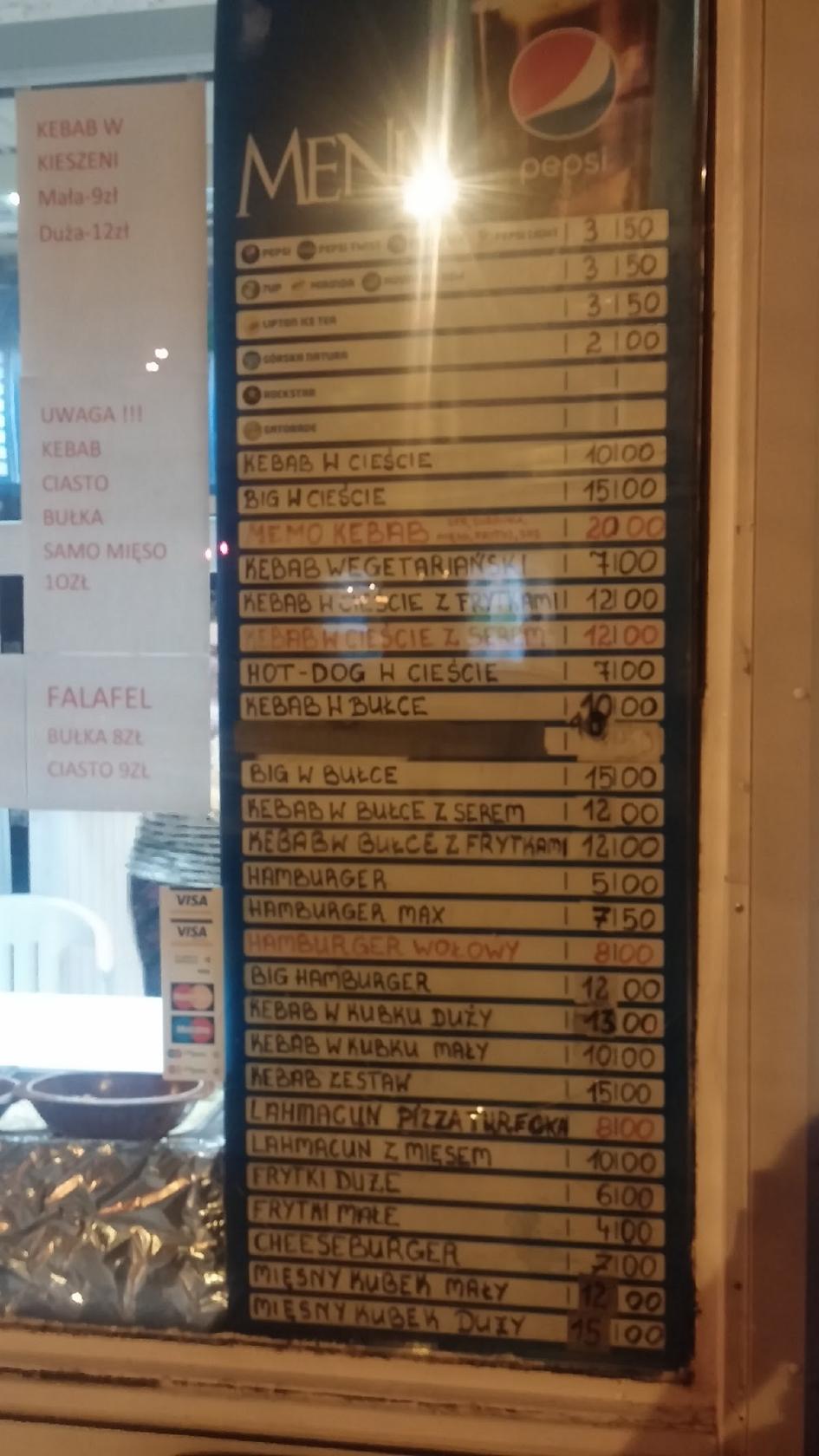 Menu at Memo Kebab restaurant, Katowice