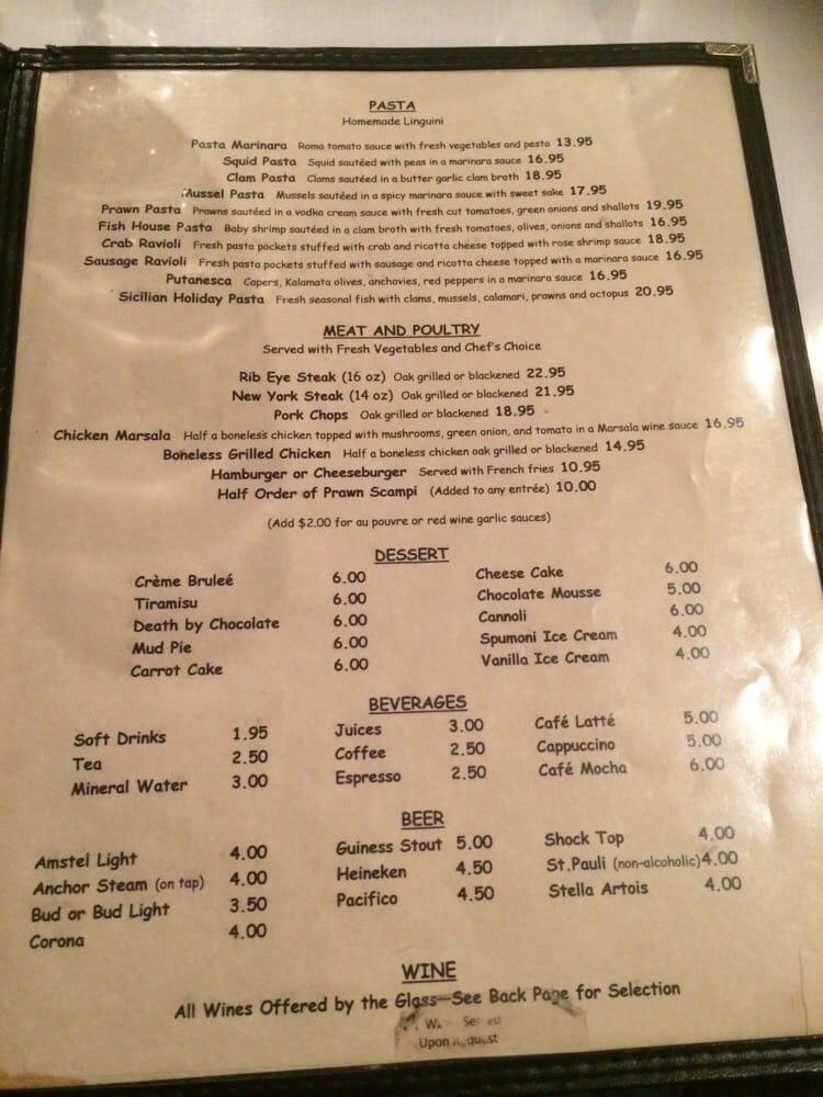 Menu at Monterey's Fish House restaurant, Monterey