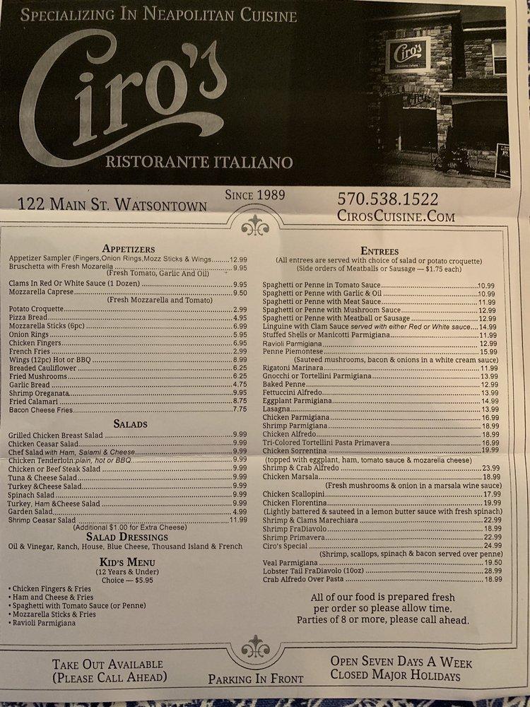 Menu at Ciro s pub bar Watsontown