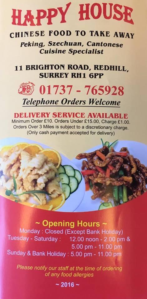 Menu At Happy House Chinese Takeaway Fast Food Redhill