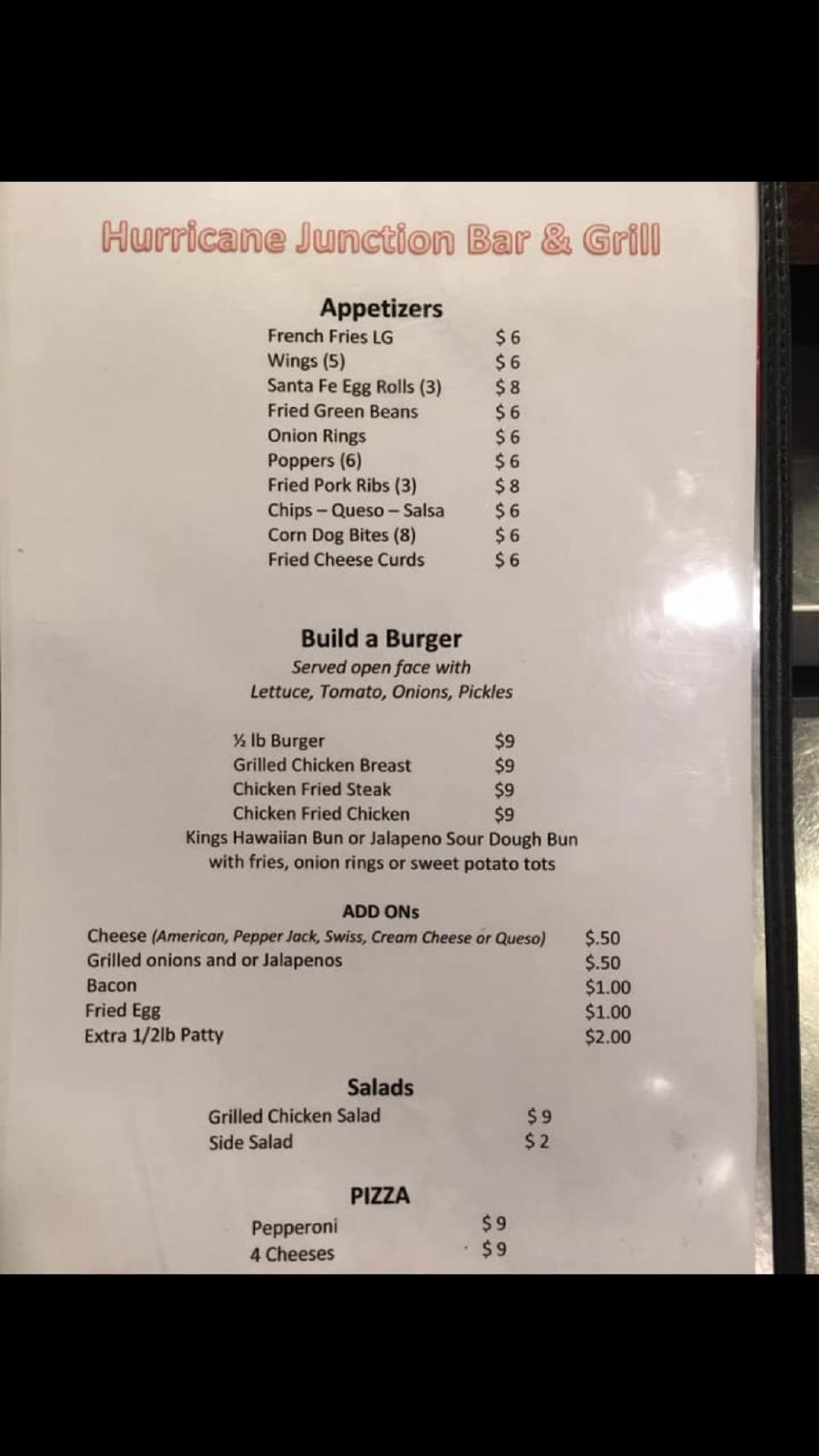 Menu at Hurricane Junction Bar and Grill, Port O'Connor