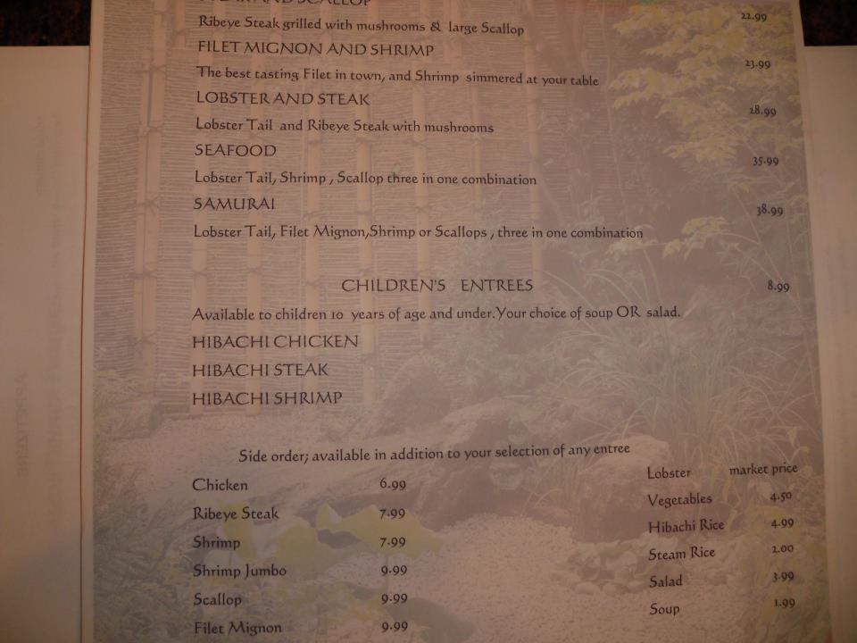 Menu at Hakata Teppanyaki, Sushi, and Ramen restaurant, Jacksonville