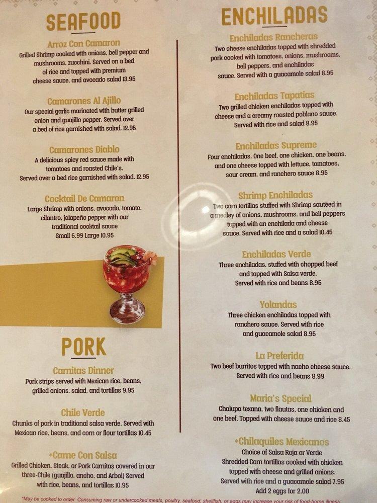 Menu at Puerto Vallarta restaurant, Lake Park
