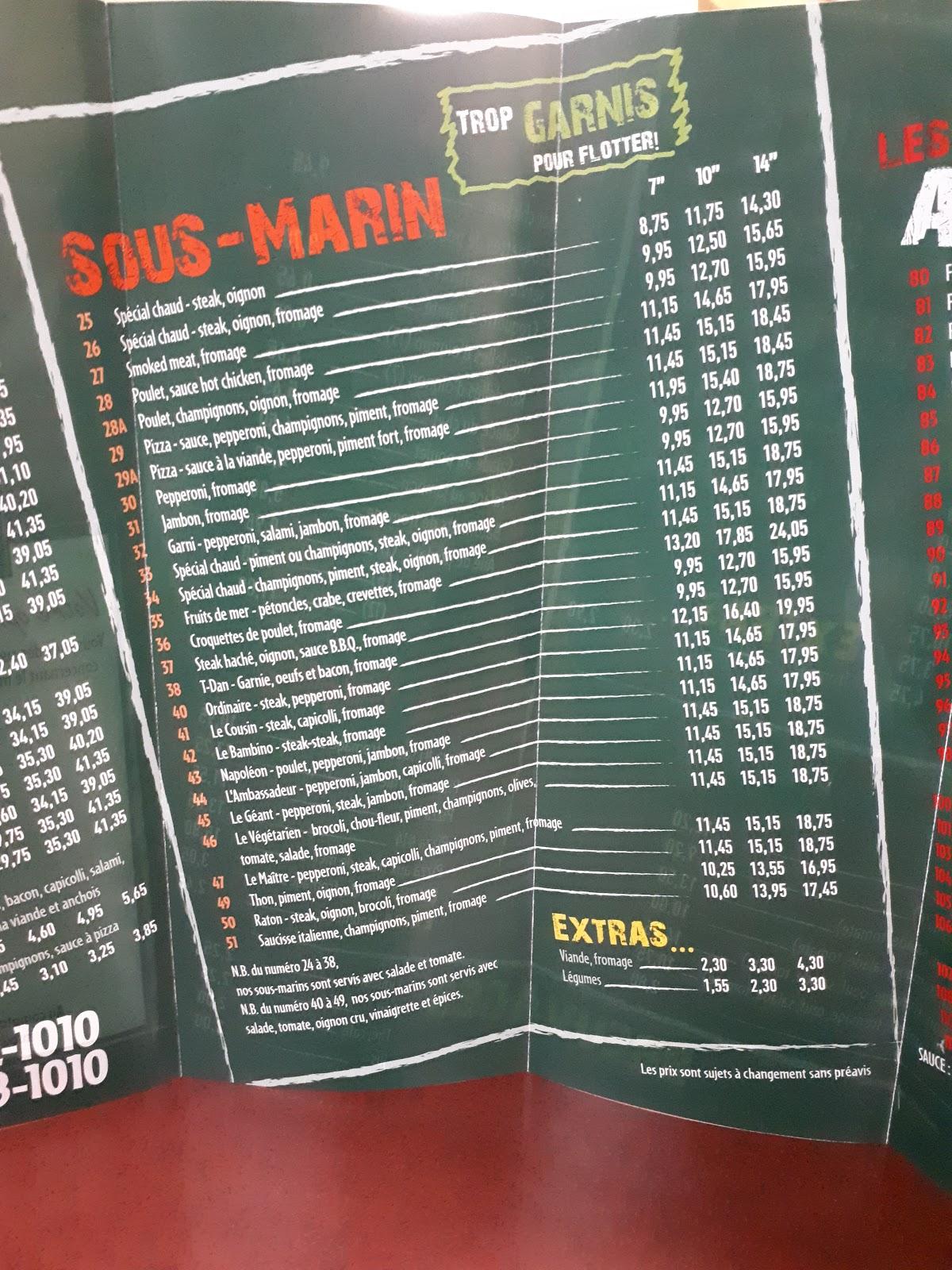 Menu au Gino Pizza pizzeria, SeptIles, 831 Bd Laure