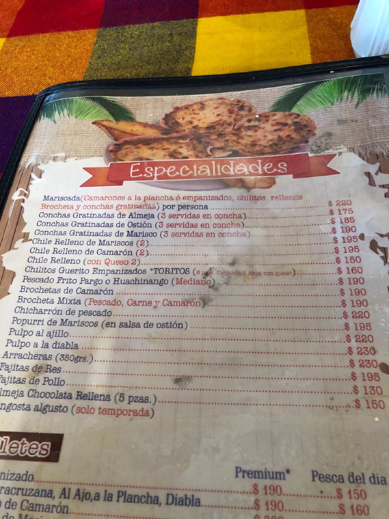 Menu at Mariscos El Molinito restaurant, La Paz