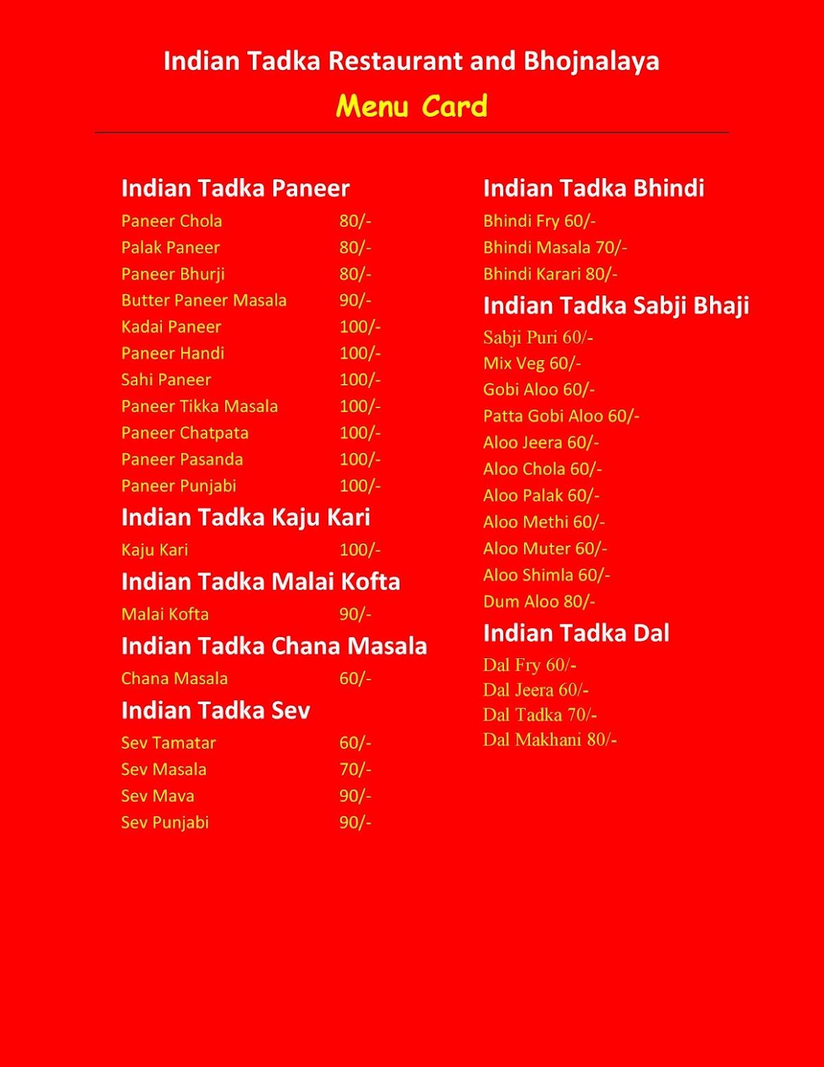 Menu at Indian Tadka Restaurant, Indore