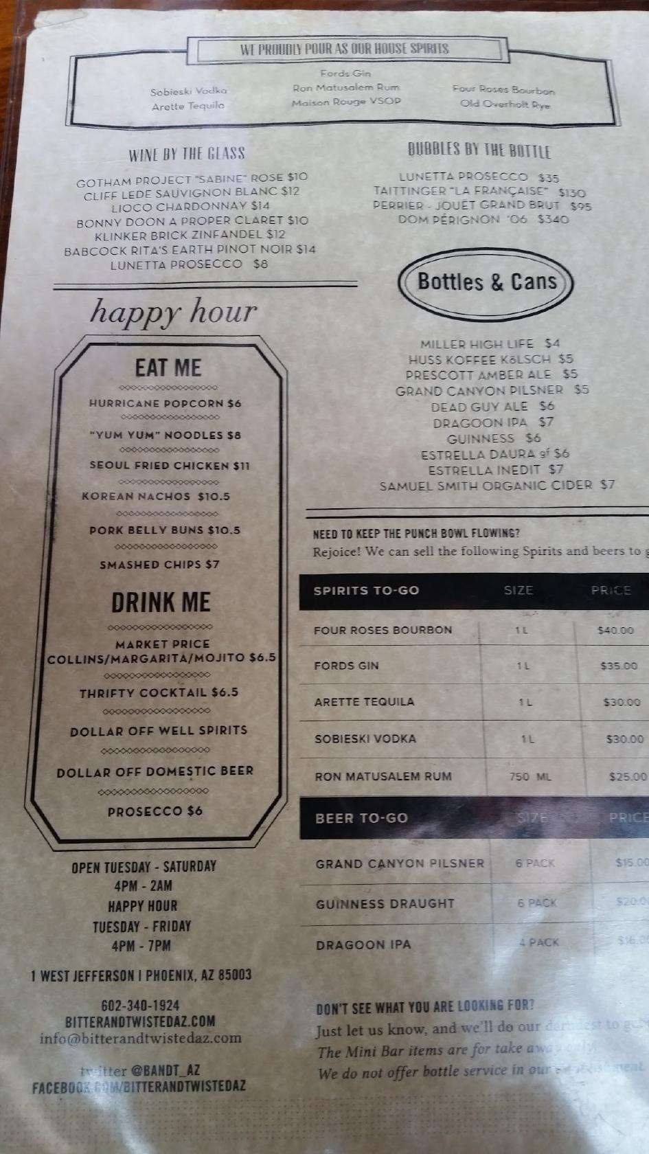 Menu at Bitter & Twisted Cocktail Parlour pub & bar, Phoenix