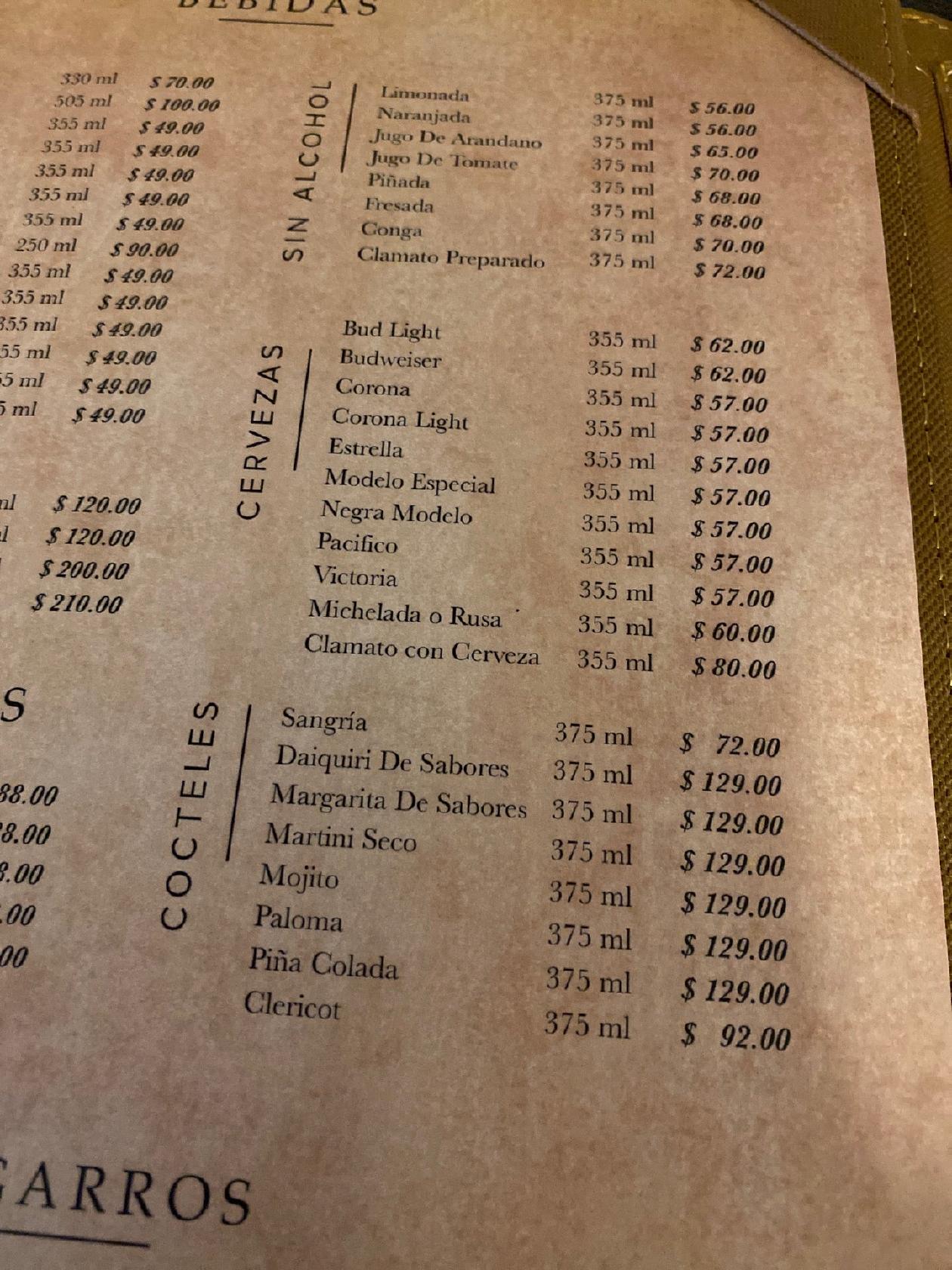 Carta del restaurante El Tango, Zapopan