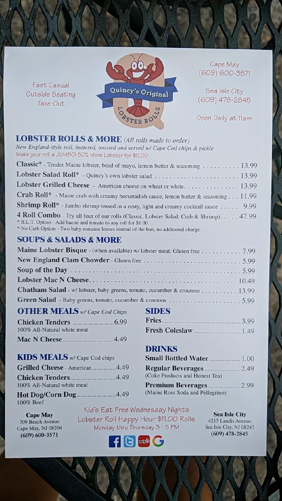 Menu at Quincy's Original Lobster Rolls restaurant, Cape May, 709 Beach Ave