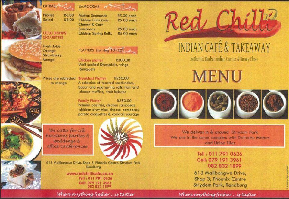 Menu at Red Chilli Indian Cafe & Take Away, Randburg, 613 Malibongwe drive