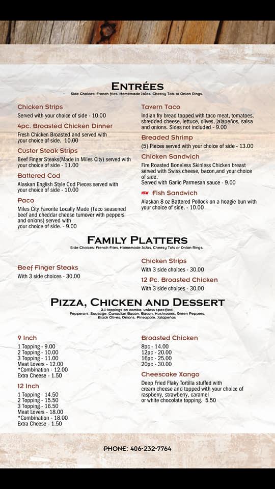 Menu at Yellowstone Tavern pub & bar, Miles City