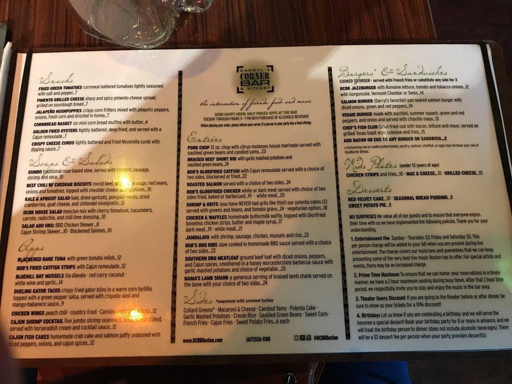 Menu at Darryl's Corner Bar & Kitchen, Boston