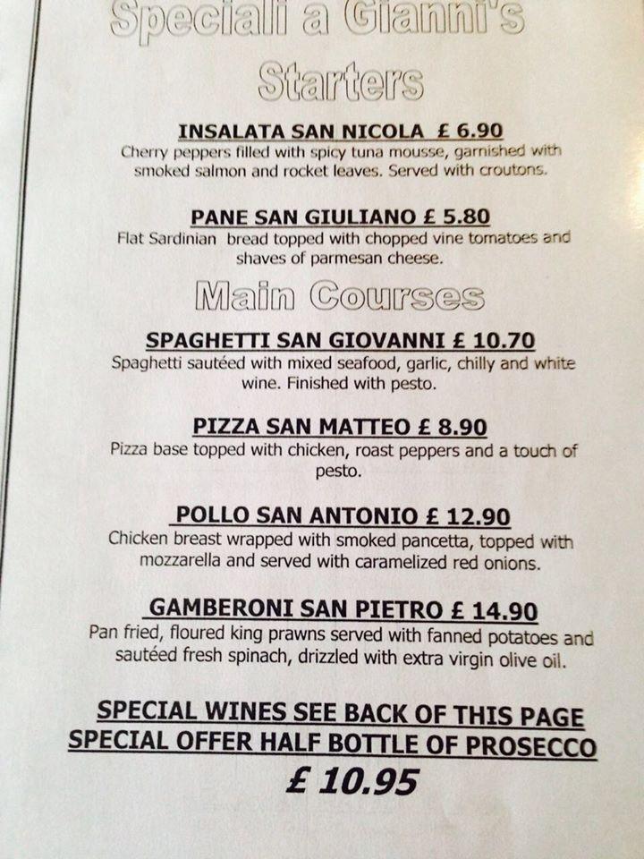 Menu at Gianni's Pizzeria, Penrith