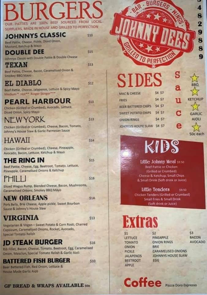 Menu at Johnny Dees pub & bar, Gympie