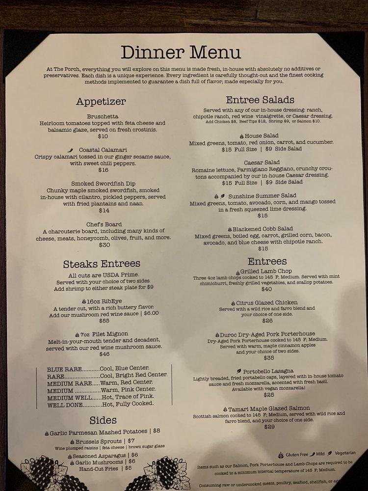 Menu at The Porch Restaurant Anna Maria, Anna Maria
