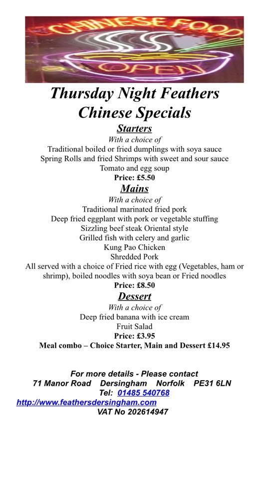 Menu at The Feathers Hotel pub & bar, Dersingham