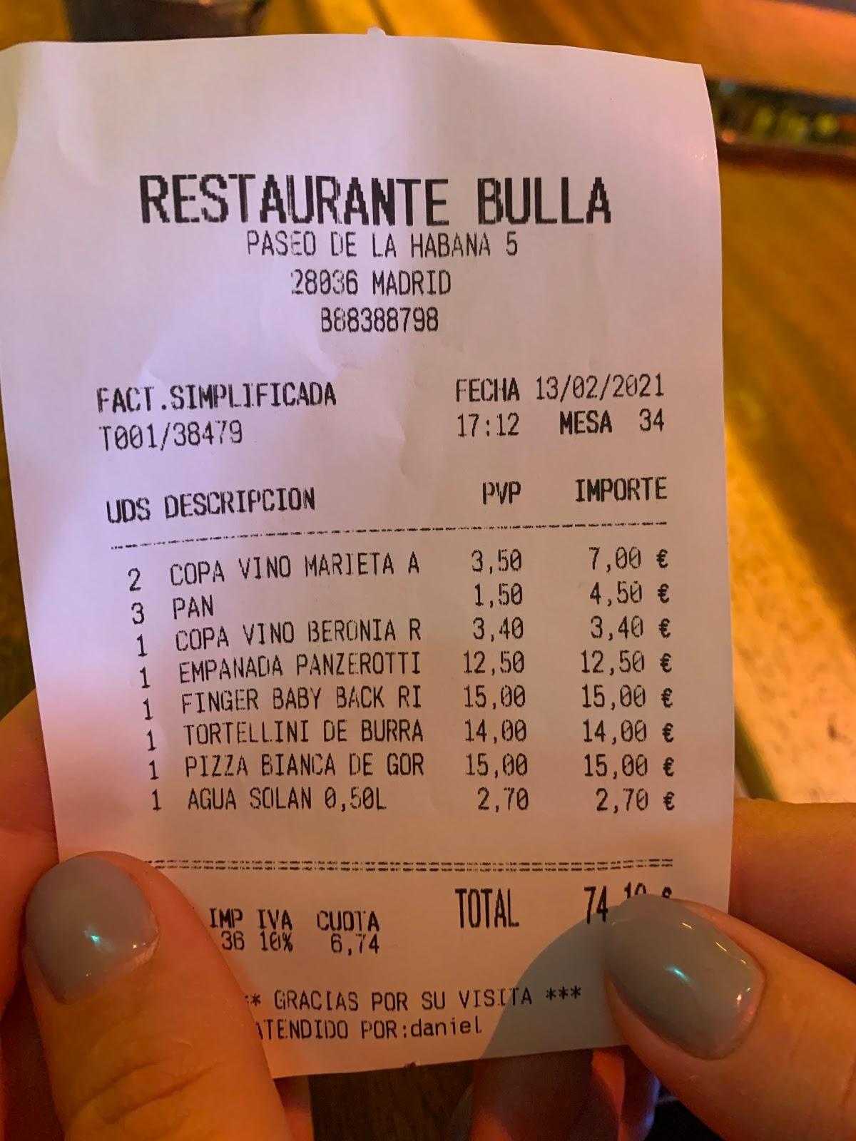 Carta del restaurante Bulla Madrid, Madrid, P.º del La Habana