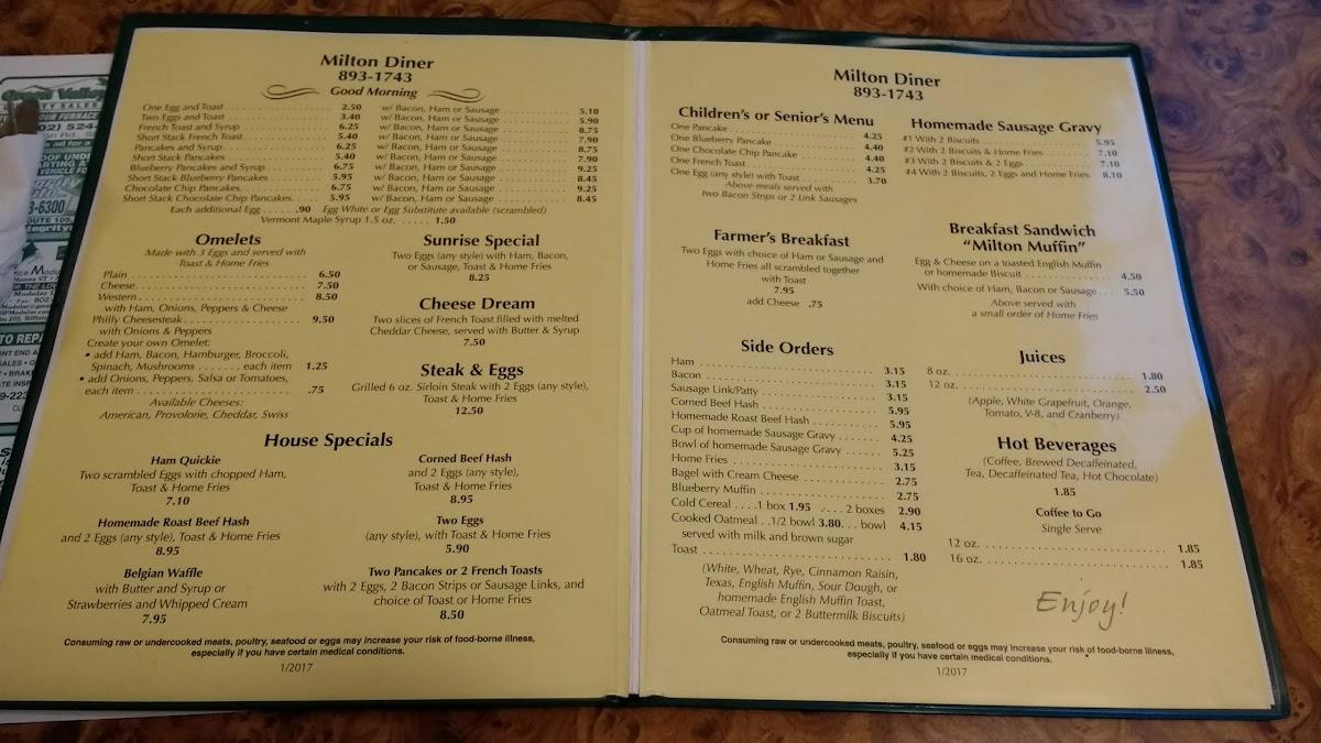 Menu At The Milton Diner Restaurant, Milton, 514 US-7