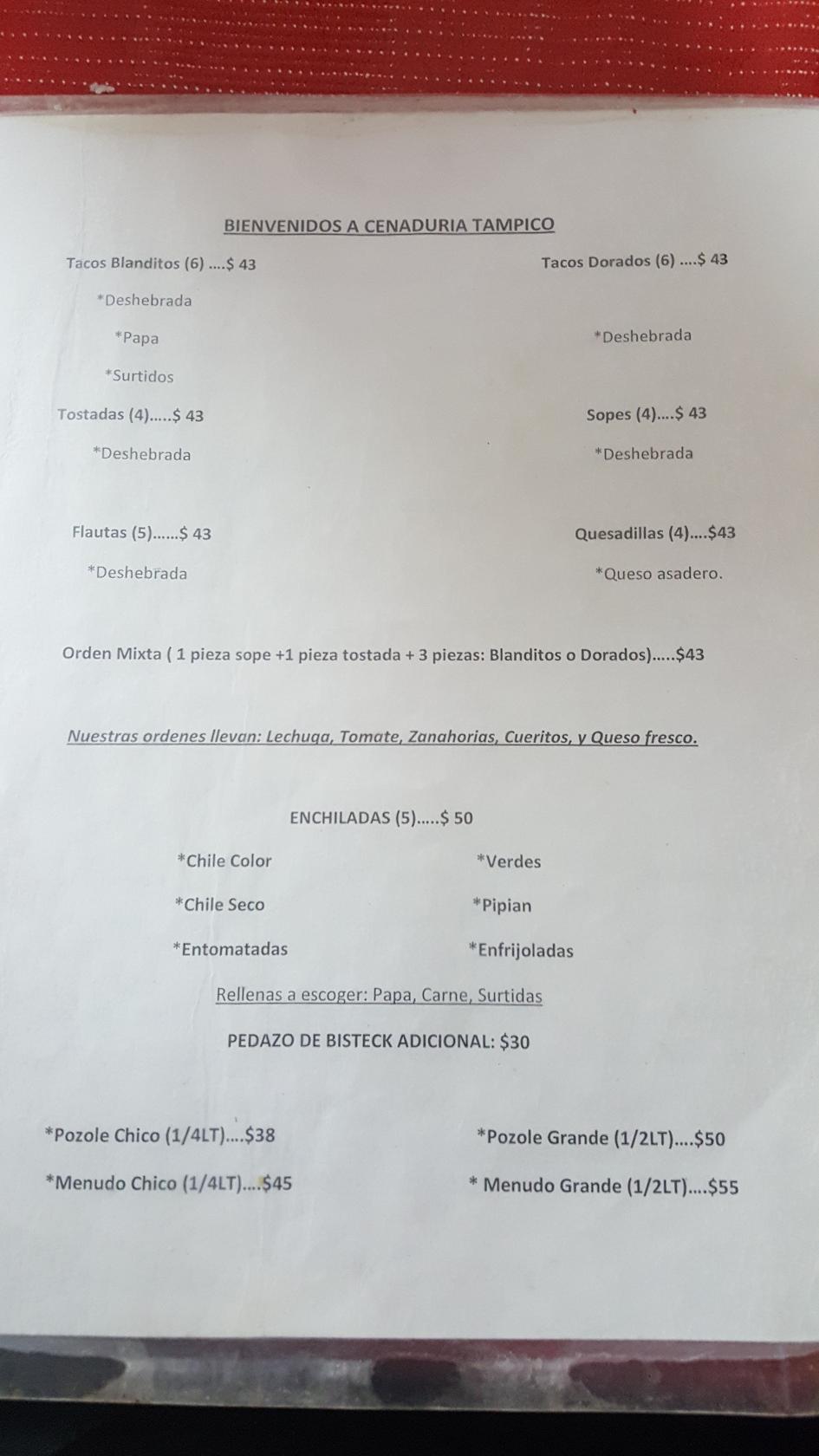 Menu at Cenaduria TAMPICO restaurant, Reynosa