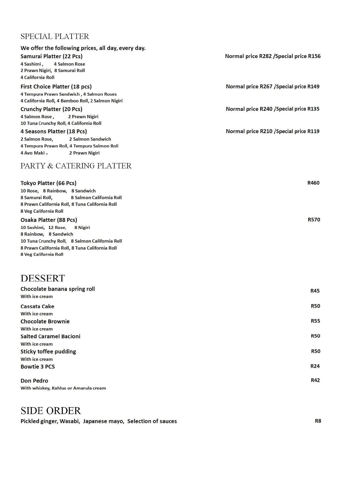 Menu at Hamachi meadowridge restaurant, Cape Town