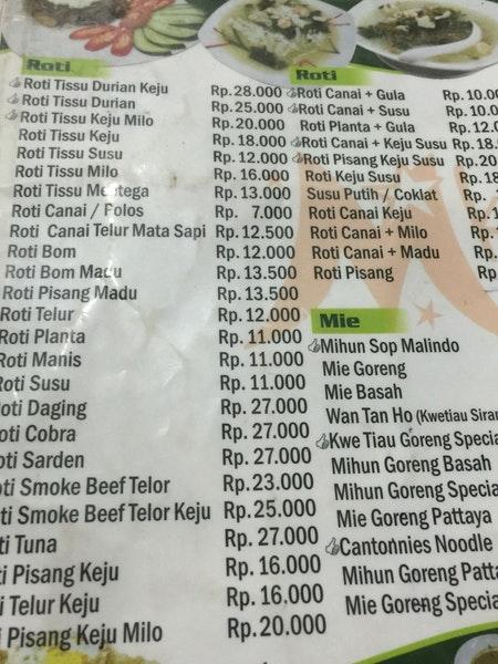 Menu at Kedai Malindo restaurant, Makassar, Jl. Andi Djemma No.24-26