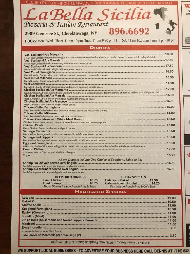 Menu at La Bella Sicilia pizzeria, Buffalo