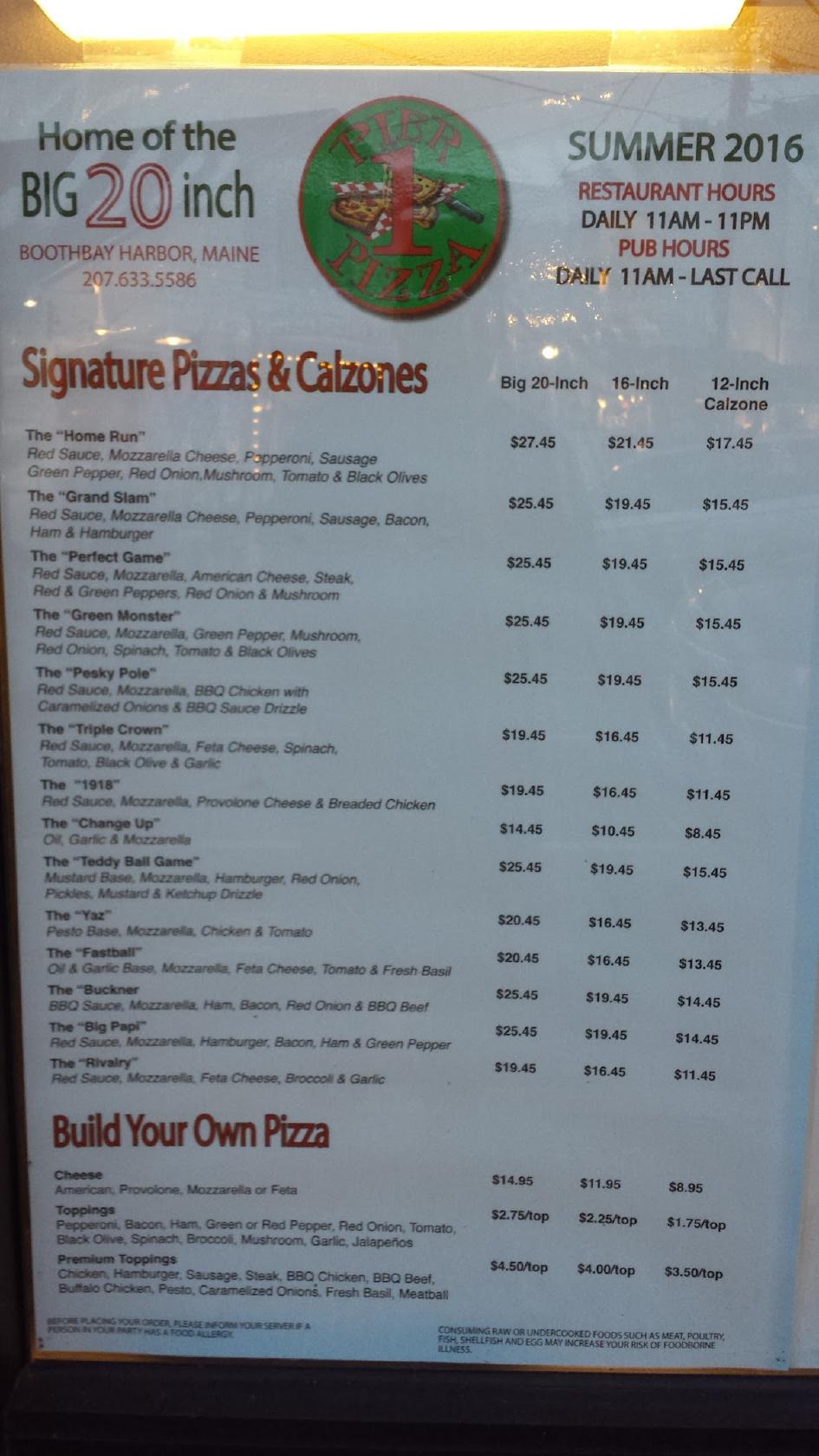 Menu at Pier One Pizza pizzeria, Boothbay Harbor