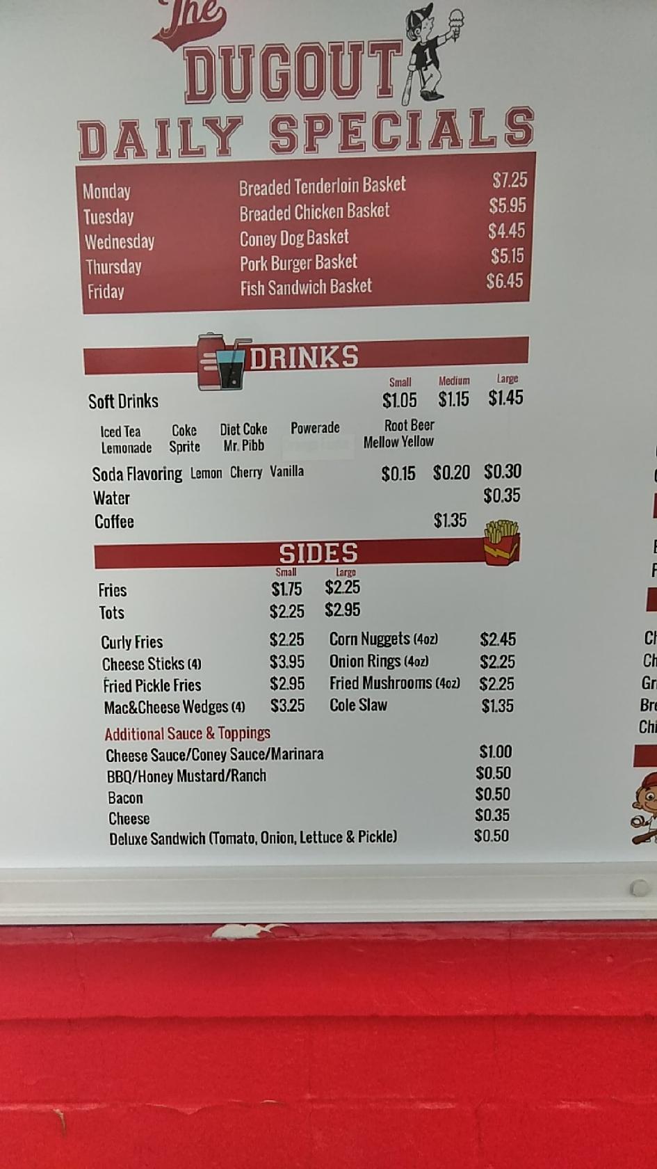 Menu at The Dugout restaurant, Otterbein