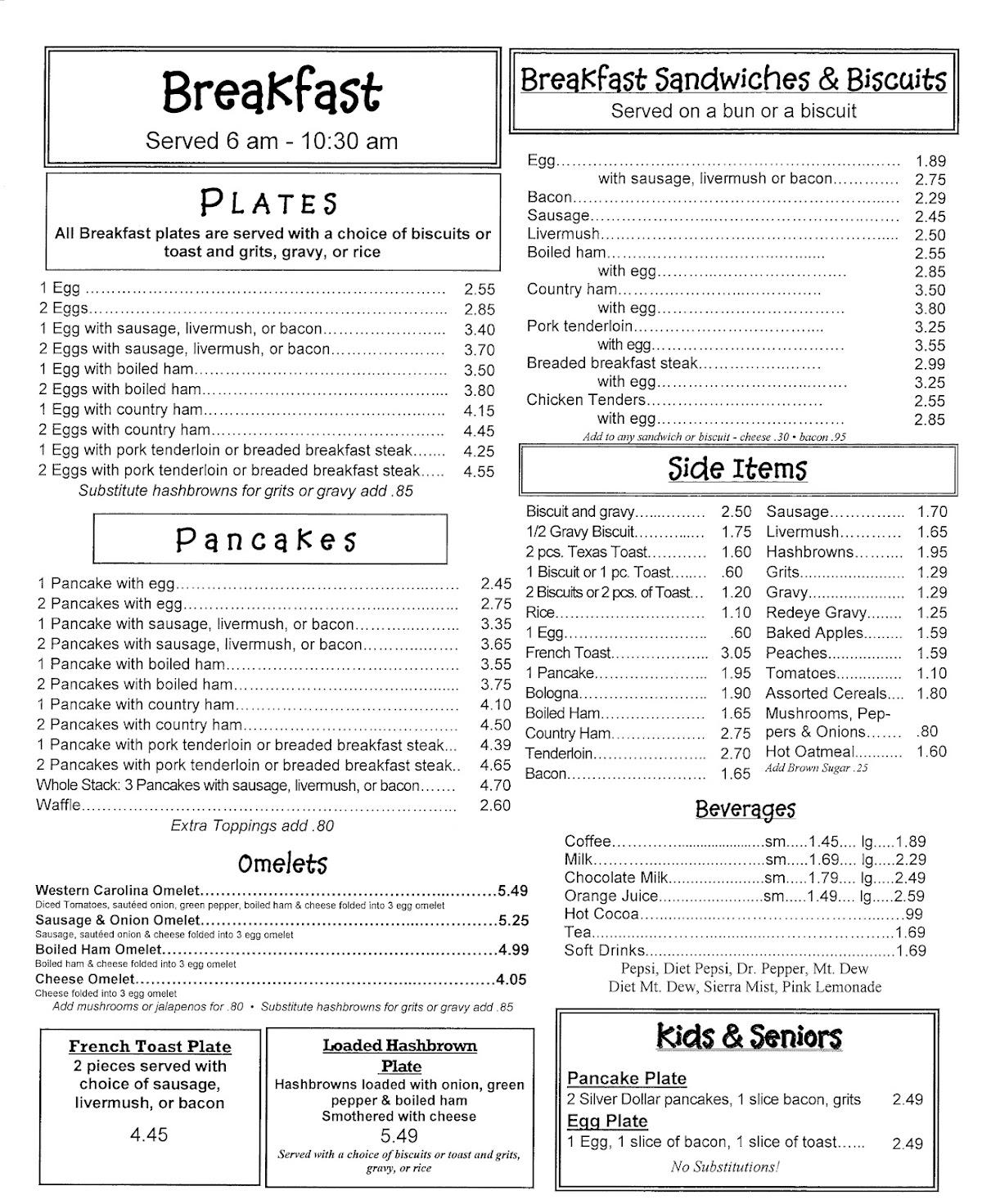 Menu at Teens & Deens Country Kitchen restaurant, Township of Taylorsville