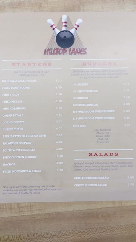 Menu at Hilltop Lanes and Event Center pub & bar, Dodge