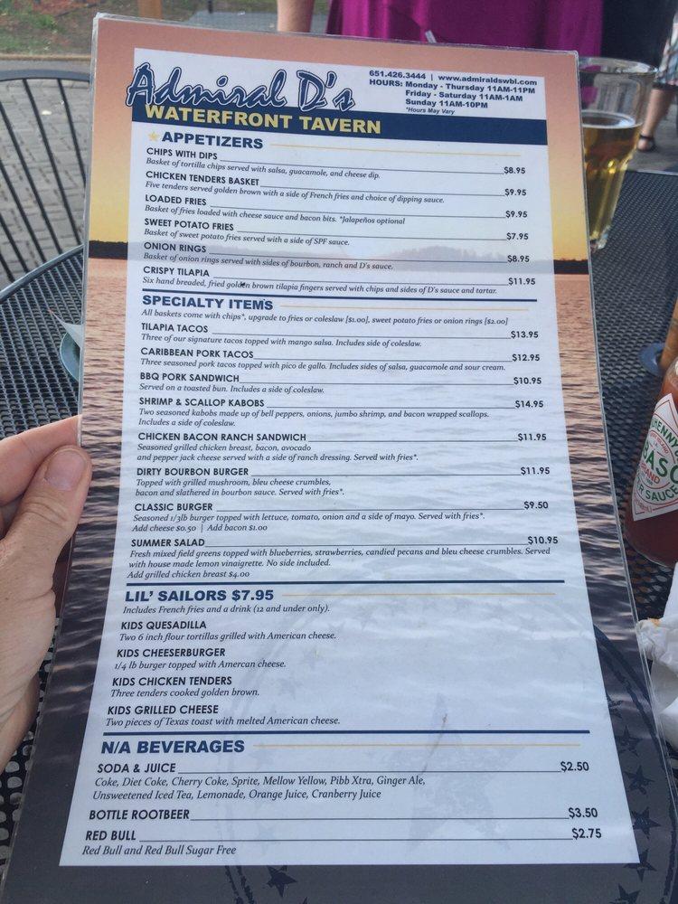 Menu at Admiral D's Waterfront Tavern restaurant, White Bear Lake