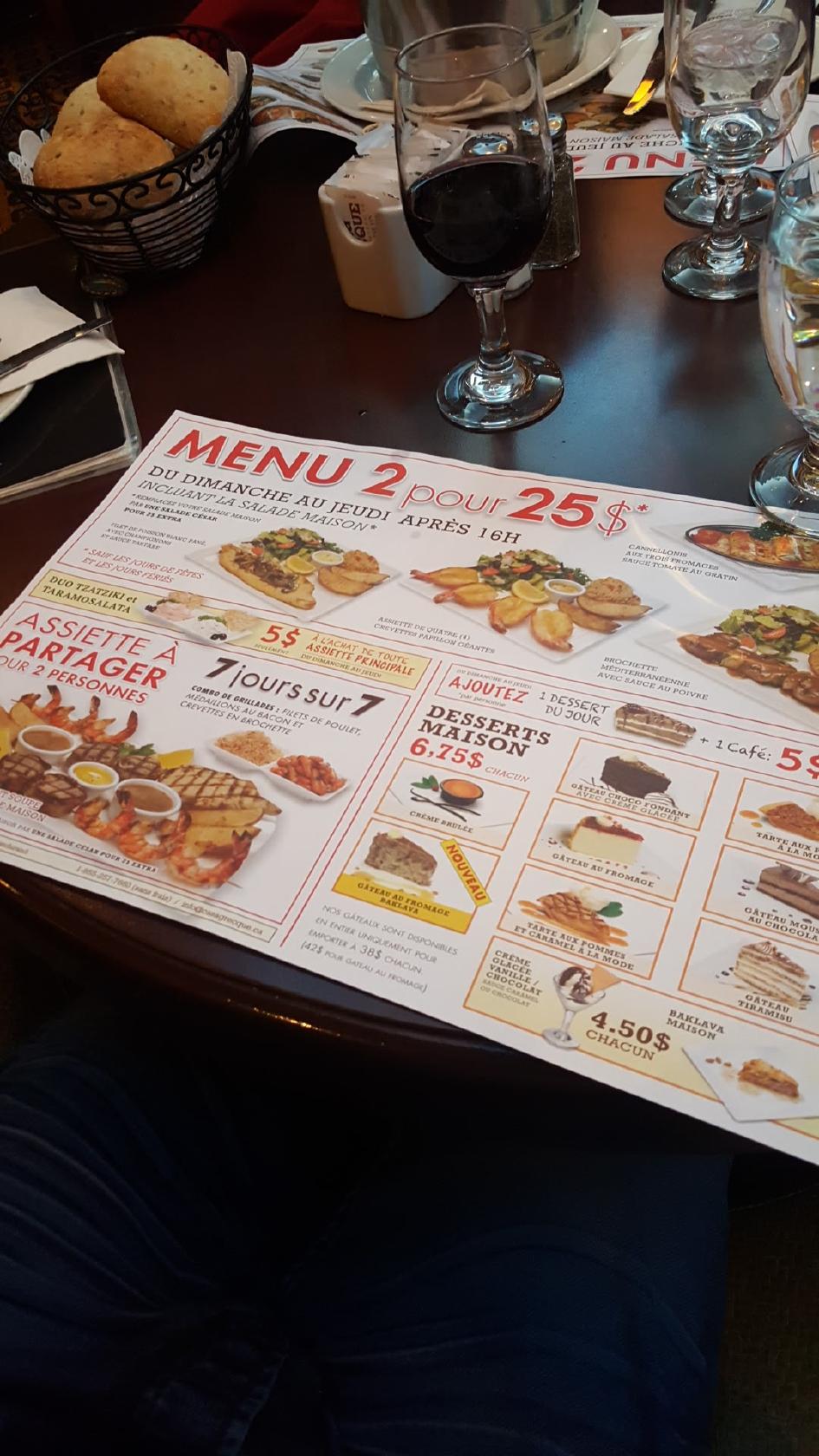 Menu au Casa Grecque restaurant, SaintJérôme