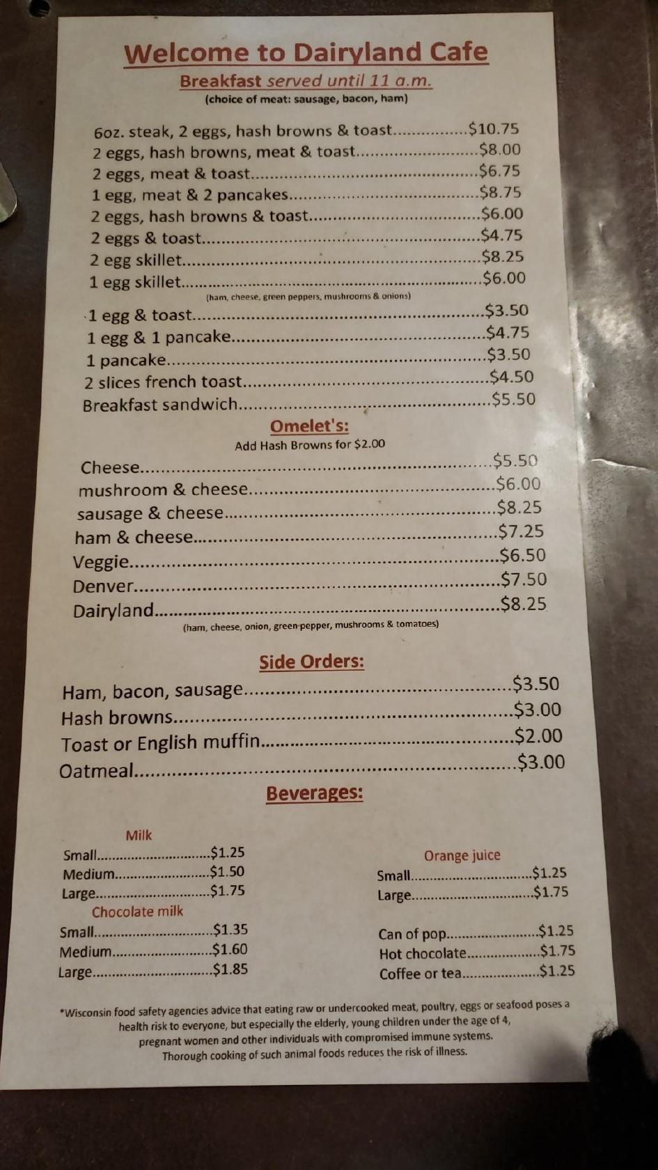 Menu at Dairyland Cafe, Ridgeland