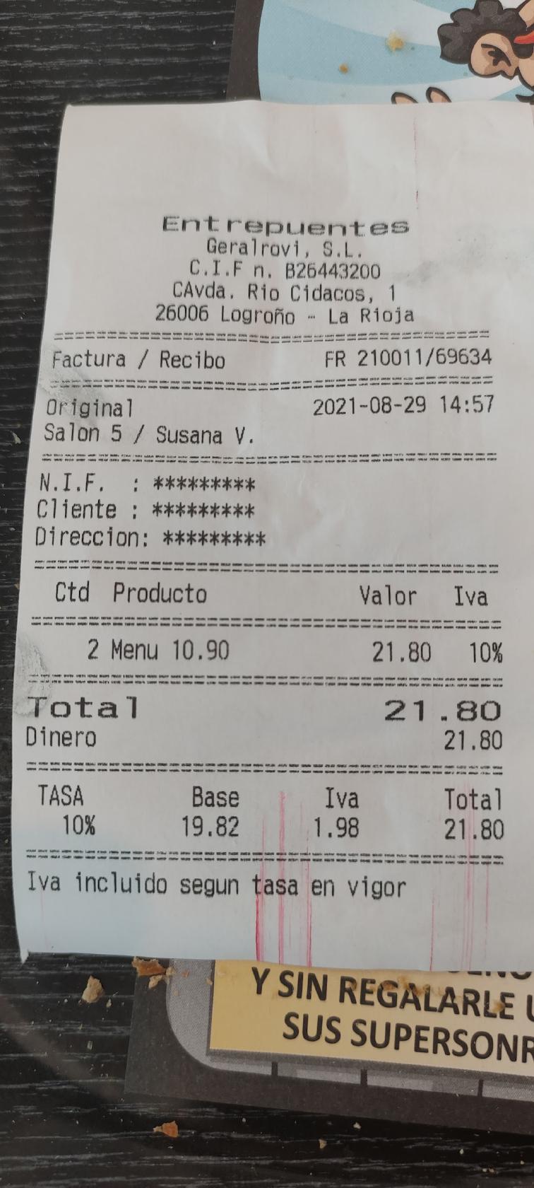 Carta Del Restaurante Entrepuentes Logro o Calle Rio Cidacos